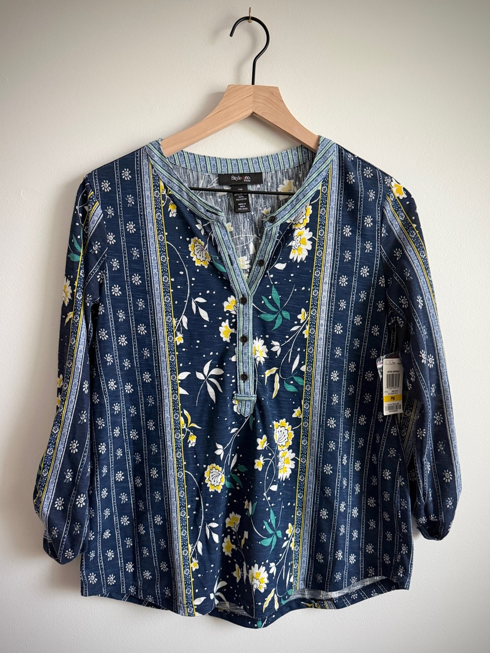 Style & Co. Navy Floral Split-Neck Tunic with Yellow and Turquoise Accents